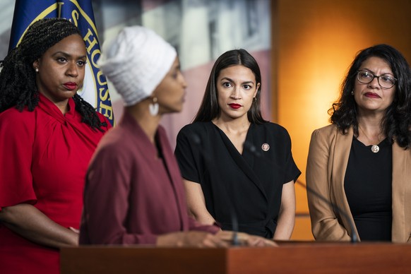 epa07719417 Democratic Representatives Ayanna Pressley (L), Ilhan Omar (C-L), Alexandria Ocasio-Cortez (C-R), and Rashida Tlaib (R), speak about President Trump&#039;s Twitter attacks against them in  ...