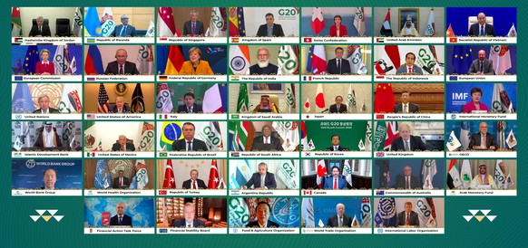epa08833909 A handout photo made available by G20 Riyadh Summit for a combo of photos of world leaders attending the virutal G20 Riyadh Summit, Riyadh, Saudi Arabia, 21 November 2020. The G20 Leaders' ...