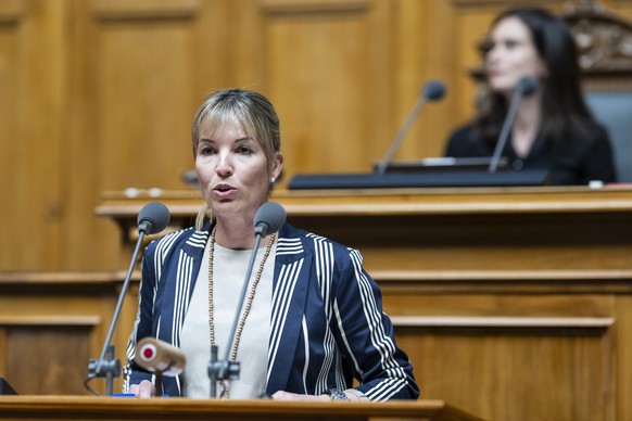 Diana Gutjahr, SVP-TG, spricht zu Mindestfranchisen im Krankenversicherungsgesetz, an der Fruehjahrssession der Eidgenoessischen Raete, am Mittwoch, 19. Maerz 2025 im Nationalrat in Bern. (KEYSTONE/Al ...