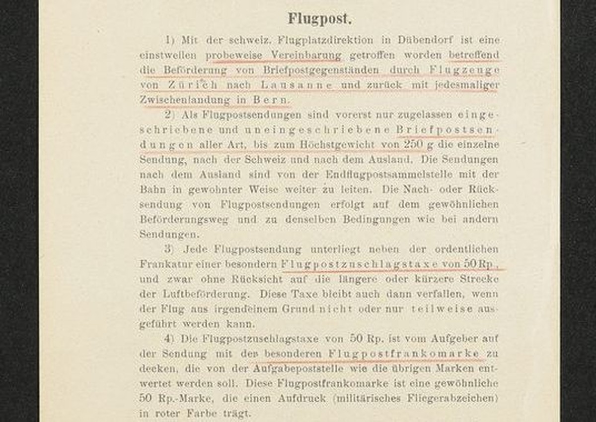 L’ordonnance du 23 avril 1919 régit les essais d’exploitation des premières lignes postales aériennes régulières entre Zurich et Lausanne.