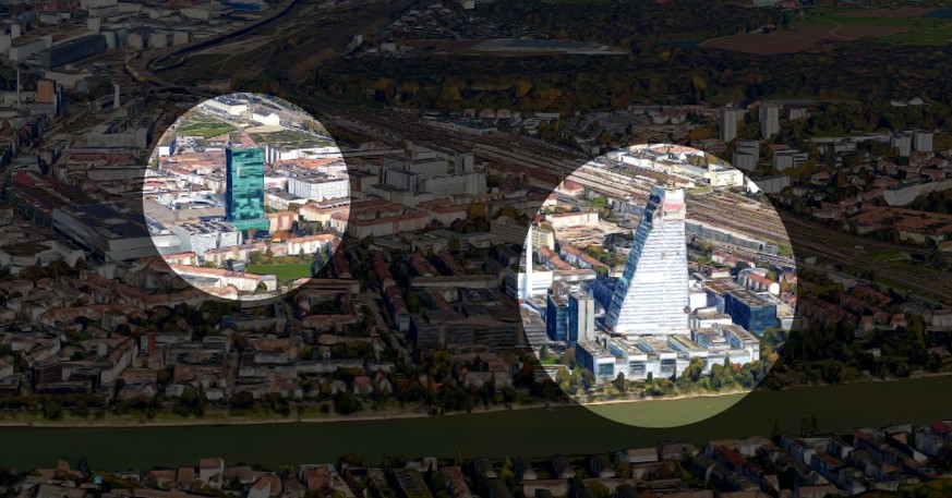 Der Roche-Turm (rechts) und der Messeturm, die beiden höchsten Gebäude Basels.