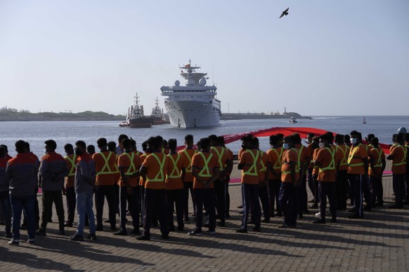 Yuan Wang 5, a Chinese scientific research ship, arrives at the port in Hambantota, Sri Lanka, Tuesday, Aug. 16, 2022. The ship, whose port call was earlier deferred due to apparent security concerns  ...