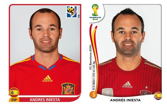 Andres Iniesta 2010 und 2014: Sieht noch genau gleich aus, nur die Frisur trägt er jetzt wie Tim. Der mit Struppi.