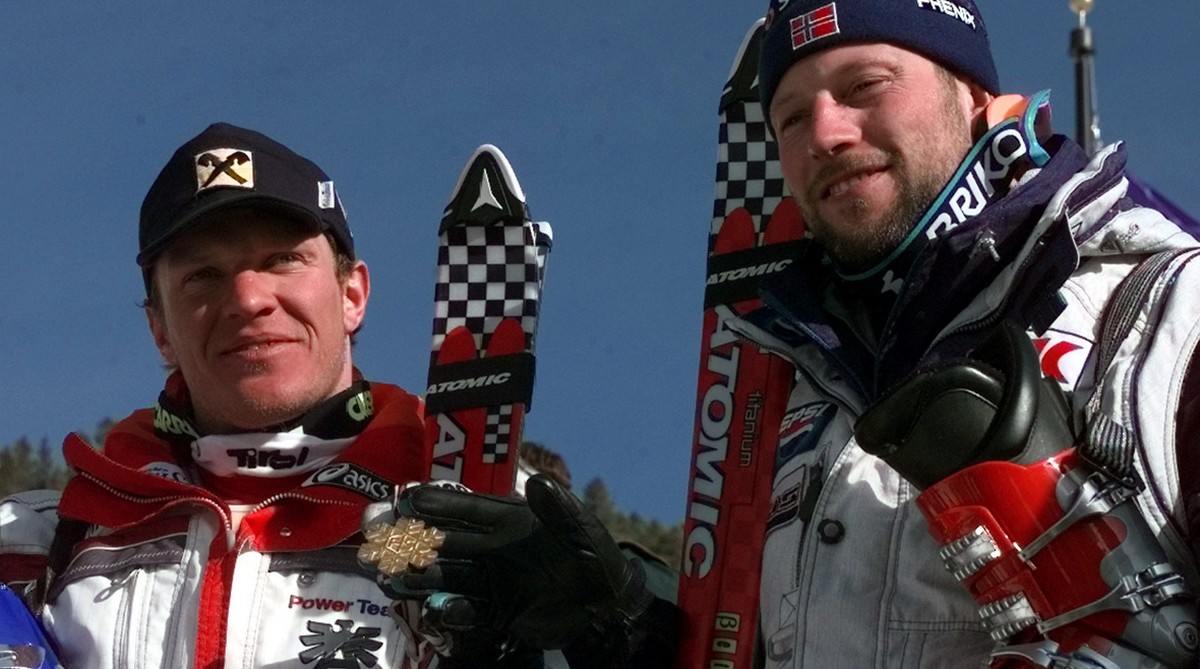 Co-gold medal winners in the Super-G Austria's Hermann Maier, left, and Norway's Lasse Kjus display their medals at the World Alpine Championships in Beaver Creek, Colo, Tuesday, Feb. 2, 199 ...