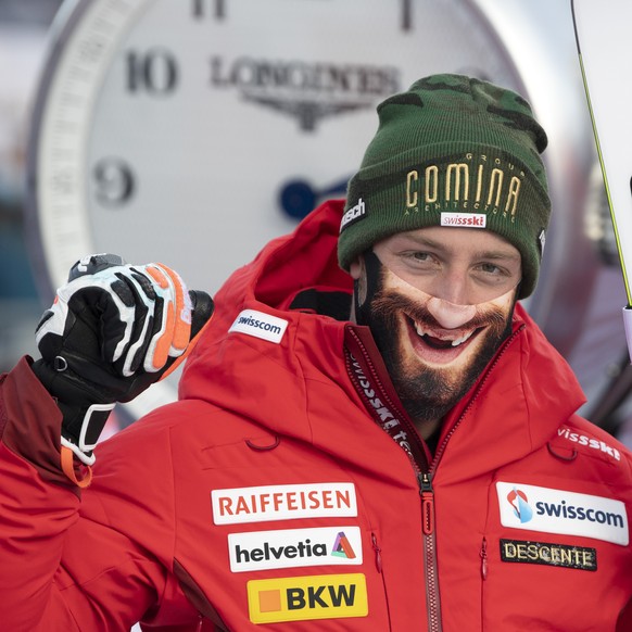 Switzerland&#039;s Justin Murisier greets with a special face mask after the men&#039;s giant slalom race at the FIS Alpine Skiing World Cup in Adelboden, Switzerland, Saturday, January 9, 2021. (KEYS ...