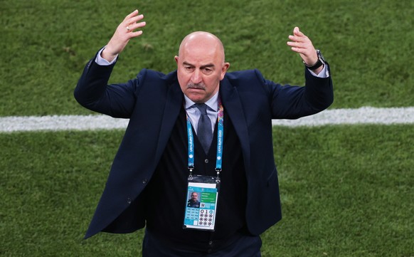 epa09291852 Russia's head coach Stanislav Cherchesov.reacts during the UEFA EURO 2020 group B preliminary round soccer match between Russia and Denmark in Copenhagen, Denmark, 21 June 2021. EPA/H ...
