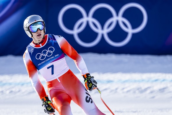Switzerland's Marco Odermatt at the finish area during the men's second official alpine skiing downhill training at the 2026 Olympic Winter Games at the Stelvio Ski centre in Bormio, Italy,  ...