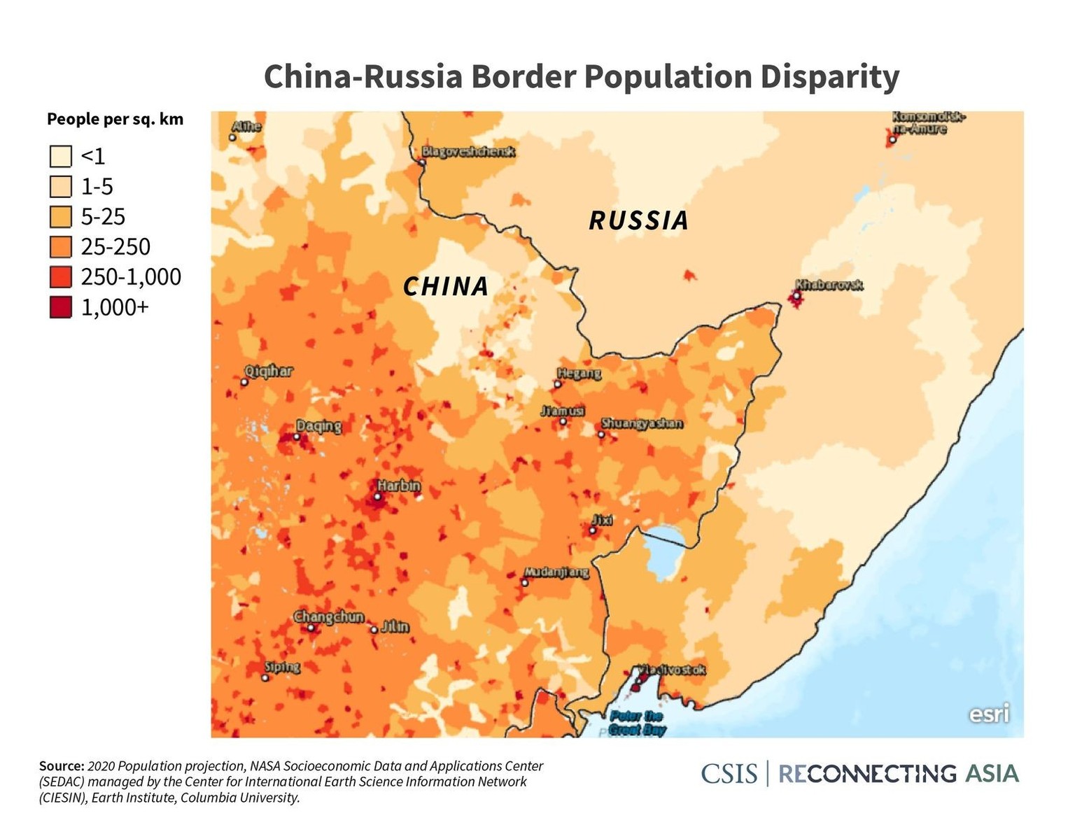 Bevölkerungsdichte in der Mandschurei und im russischen Fernen Osten. https://www.reddit.com/r/MapPorn/comments/ynkz6c/chinarussia_border_population_disparity/