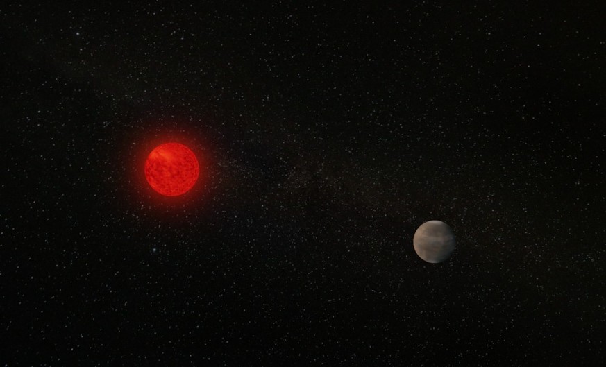Knstlerische Darstellung von Luytens Stern, einem Roten Zwerg in der Nachbarschaft der Erde, mi einem Planeten in der habitablen Zone.