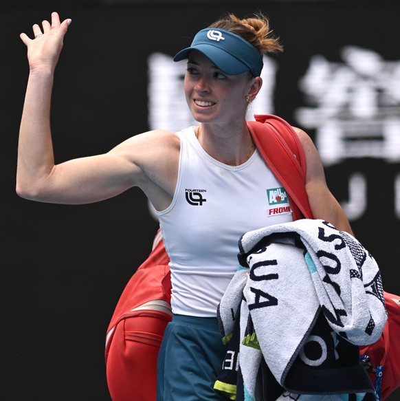 epa12660412 Simona Waltert of Switzerland departs following loss to Amanda Anisimova of the USA during their womens first round match on day 2 of the 2026 Australian Open tennis tournament at Margare ...