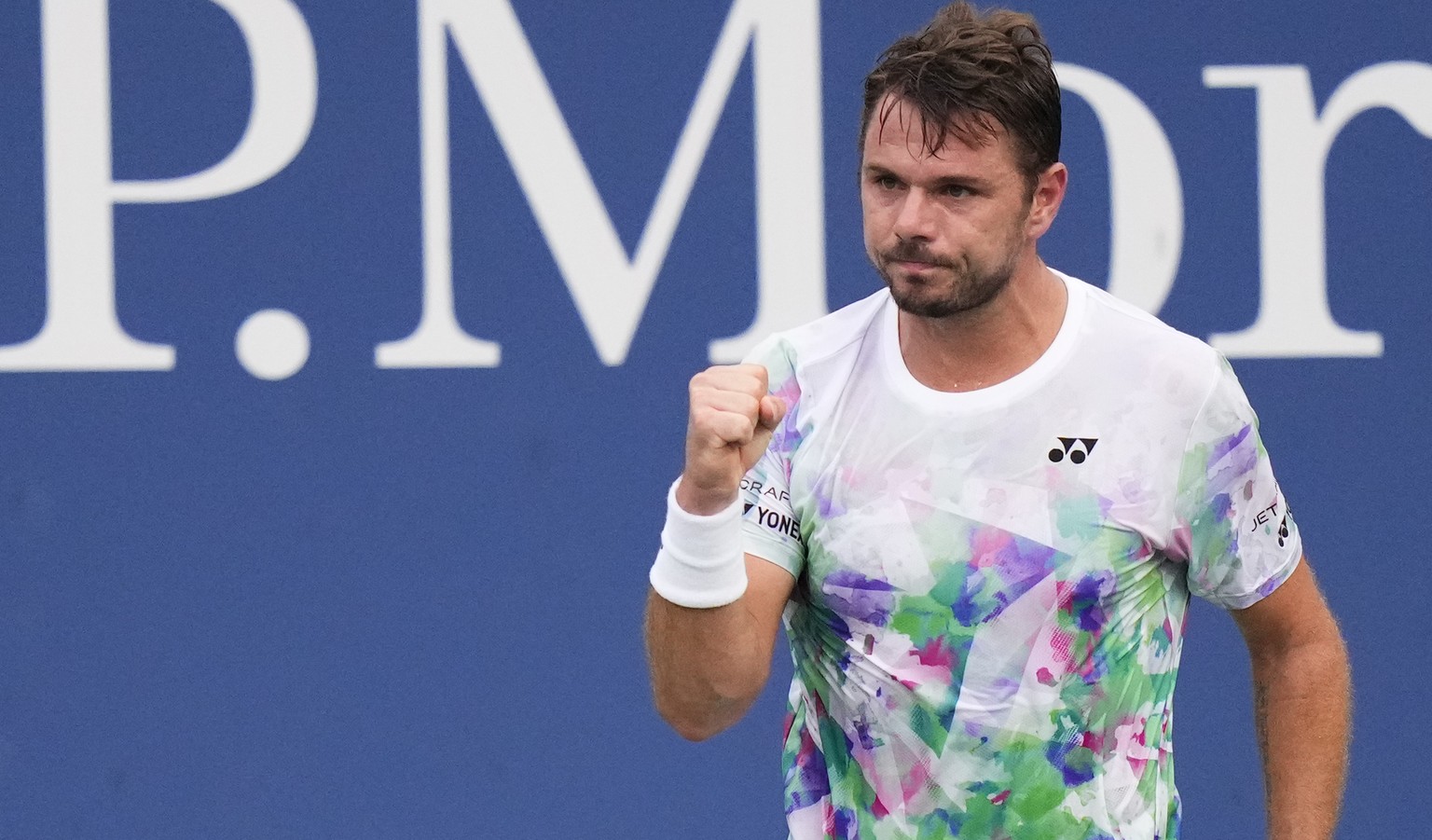 Stan Wawrinka, of Switzerland, reacts during a match against Yoshihito Nishioka, of Japan, at the first round of the U.S. Open tennis championships, Tuesday, Aug. 29, 2023, in New York. (AP Photo/Fran ...