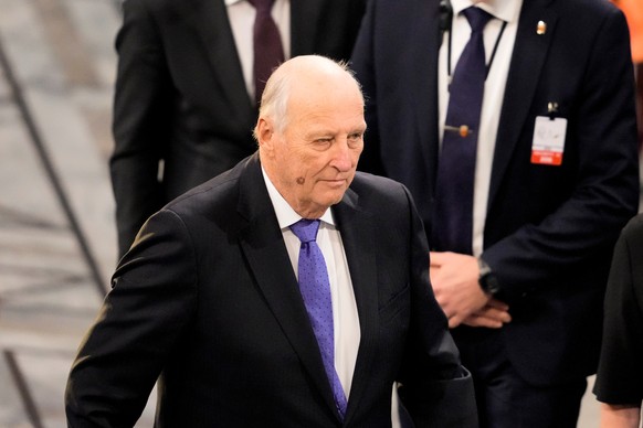 FILE - Norway's King Harald, centre, leaves the hall after the Nobel Peace Prize ceremony at Oslo City Hall, Norway, on Dec. 10, 2022. (AP Photo/Markus Schreiber, File)
Norway Royals