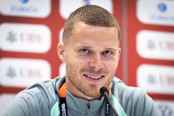 Switzerland's Nico Elvedi speaks during a press conference of the Swiss national soccer team at the SDJA in San Diego, California, USA, Thursday, June 4, 2026, ahead of the 2026 FIFA World Cup so ...