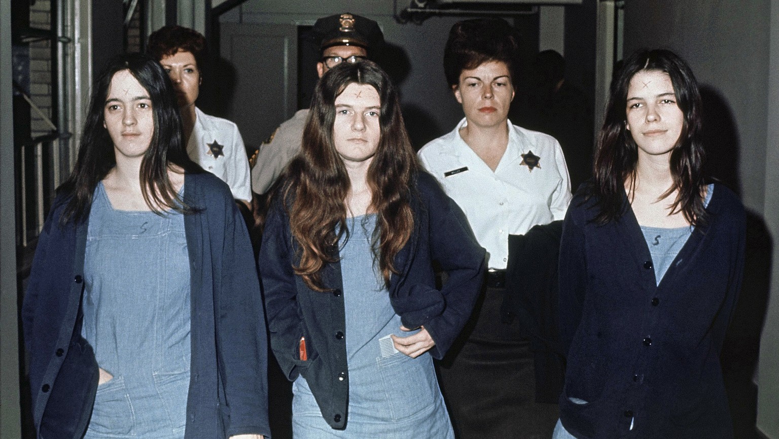 FILE - This March 29, 1971, file photo shows three female defendants in the Manson murder trial, from left, Susan Atkins, Patricia Krenwinkel and Leslie Van Houten. All three, plus Charles Manson, wer ...
