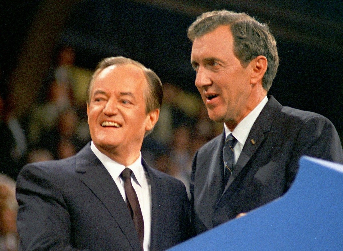Vice President Hubert Humphrey, left, and Sen. Edmund S. Muskie share the podium at the Democratic Convention in Chicago following their nomination for president and vice president Aug. 29, 1968, phot ...