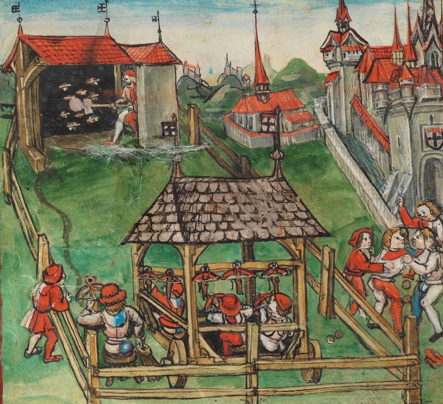 Schützenfest in Konstanz von 1458. Abbildung aus der Eidgenössischen Chronik des Luzerners Diebold Schilling, um 1513.
https://www.e-codices.unifr.ch/de/kol/S0023-2/557