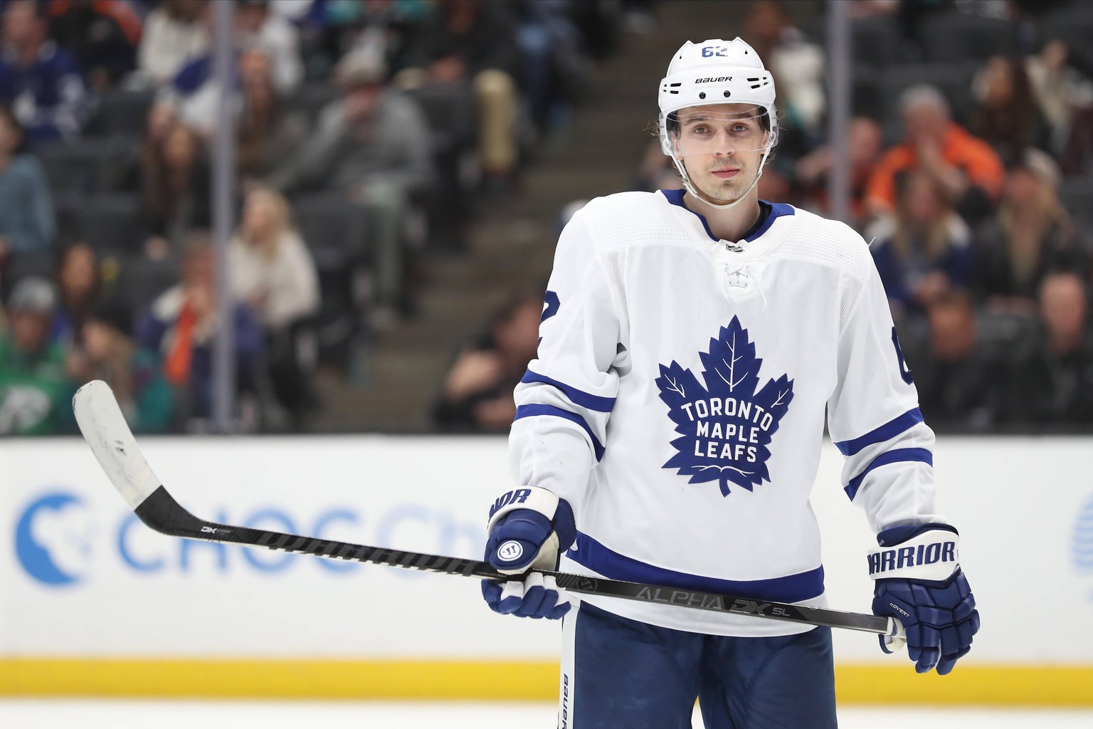 March 6, 2020: Toronto Maple Leafs center Denis Malgin 62 eyes a ref during stoppage time during the game between the Toronto Maple Leafs and the Anaheim Ducks at the Honda Center in Anaheim, CA, Anah ...