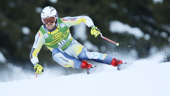 Norway's Aleksander Aamodt Kilde competes during an alpine ski, men's World Cup super-G, in Val Gardena, Italy, Friday, Dec. 18, 2020. (AP Photo/Marco Trovati)
