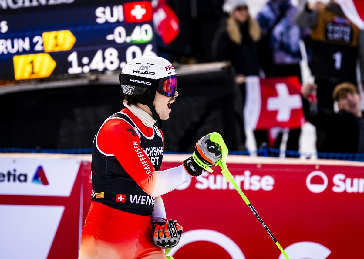 Matthias Iten of Switzerland reacts in the finish area during the second run of the men's Slalom race at the Alpine Skiing FIS Ski World Cup, in Wengen, Switzerland, Sunday, January 18, 2026. (KE ...