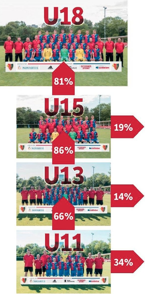 Jeder dritte Spieler, der 2015 in der U11 spielte, ist heute nicht mehr im Kader. Wenn die Spieler älter sind, ist die «Drop-Out» Quote geringer.