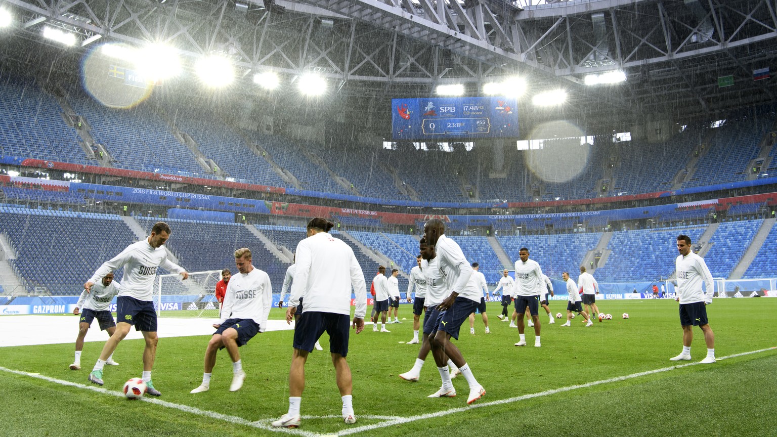 Switzerland&#039;s national team soccer players play with a ball during a training session on the eve of the FIFA World Cup 2018 round of 16 soccer match between Sweden and Switzerland at the Krestovs ...