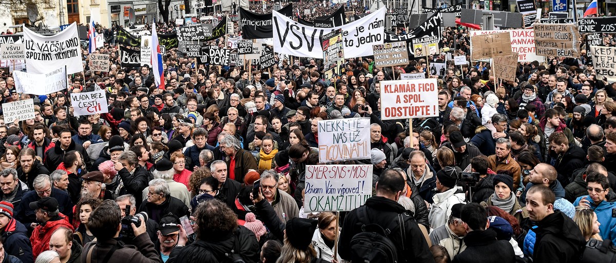 epa06608365 People participate in a rally called 'Let's stand for decency in Slovakia' in Bratislava, Slovakia, 16 March 2018. Mass street protests started after the murder of journalis ...