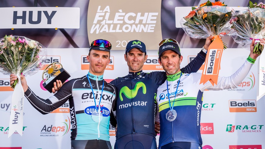 Das Podest 2015: Alaphilippe, Sieger Valverde und Albasini (von links).