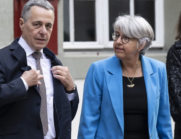 Swiss Federal Councilor Guy Parmelin , Ignazio Cassis and Elisabeth Baume-Schneider, from left, speak before welcome Maia Sandu President of the Republic of Moldova, during a official visit to Switzer ...
