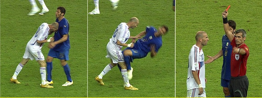 A picture combo of TV grabs shows the foul Zinedine Zidane of France to Italy&#039;s Marco Materazzi and the red card shown to Zidane by referee Horacio Elizondo of Argentina during the final of the 2 ...