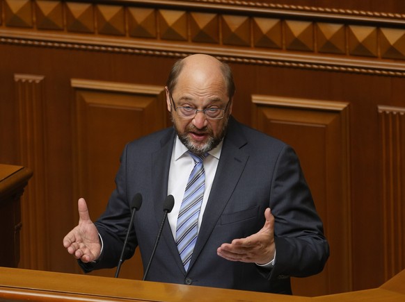 President of the European Parliament Martin Schulz addresses Ukrainian lawmakers in Parliament in Kiev, Ukraine, Friday, July 3, 2015. (AP Photo/Sergei Chuzavkov)