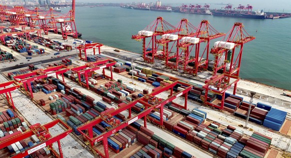 This photo shows an aerial view of a new automated container port in Rizhao in eastern China's Shandong province on Oct. 9, 2021. China