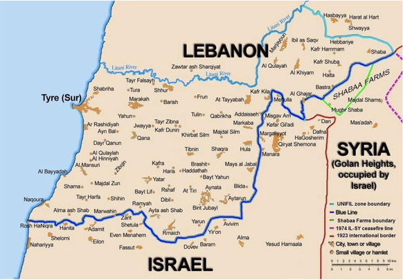 Das Gebiet zwischen der sogenannten Blauen Linie (dunkelblau) und der hellblauen Linie, die zum grössten Teil entlang des Litani verläuft, wurde 1978 als Unifil-Zone etabliert.