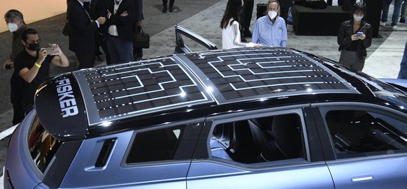 FISKER electric car show their solar charging roof at the 2021 LA Auto show media day, Wednesday, Nov 17,2021. Los Angeles CA/USA. The LA Auto show opens to the public from Nov 19th to the 28th at the ...
