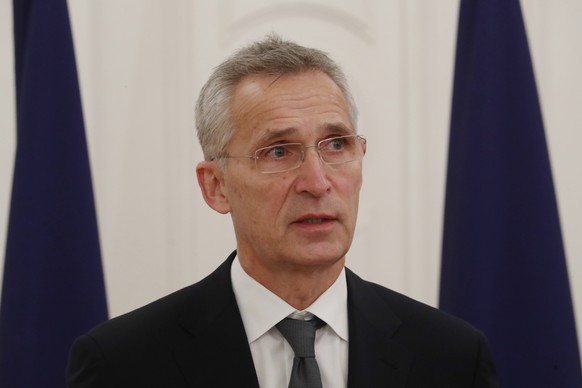 epa09611213 NATO Secretary General Jens Stoltenberg delivering a statement during press conference after his meeting with Latvian President in Riga, Latvia, 29 November 2021. Jens Stoltenberg will att ...