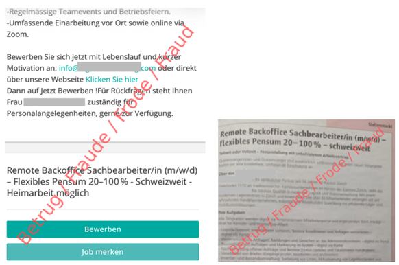 Offre d’emploi frauduleuse publiée sur un site d’emploi légitime et dans un journal papier.