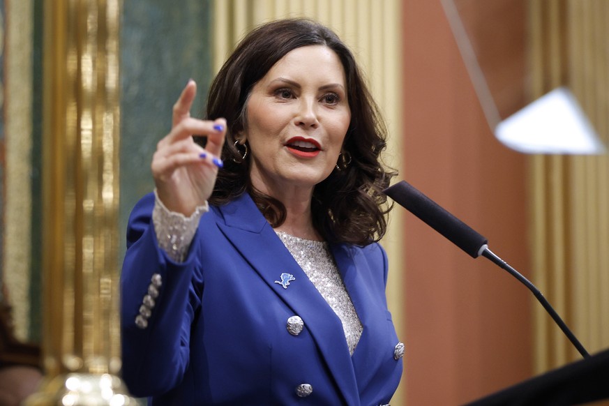 FILE - Michigan Gov. Gretchen Whitmer delivers her State of the State address, Jan. 24, 2024, at the state Capitol in Lansing, Mich. Whitmer denied a report that she had called President Joe Biden&#03 ...