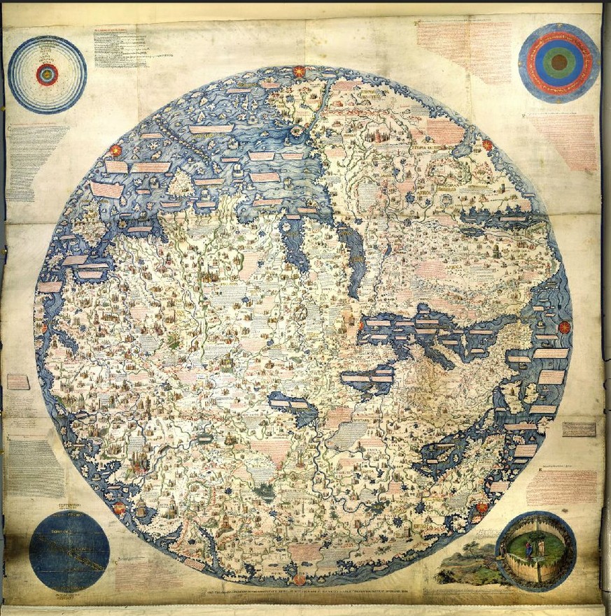 Auch frühe europäische Karten waren manchmal gesüdet, da die Nadeln von Kompassen des 15. Jahrhunderts noch nach Süden zeigten. Diese Karte des venezianischen Mönchs Fra Mauro wurde etwa 1450 erstellt ...