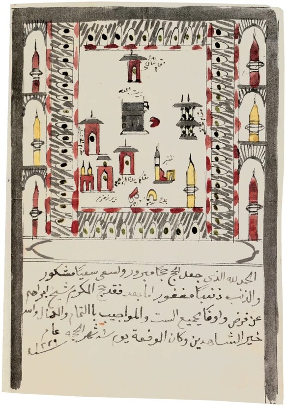 Haddsch-Urkunde von Scheich Ibrahim, 1814. Der Haddsch ist die islamische Pilgerfahrt nach Mekka.
https://commons.wikimedia.org/wiki/File:Haddsch-Urkunde_von_Scheich_Ibrahim.jpg?uselang=de