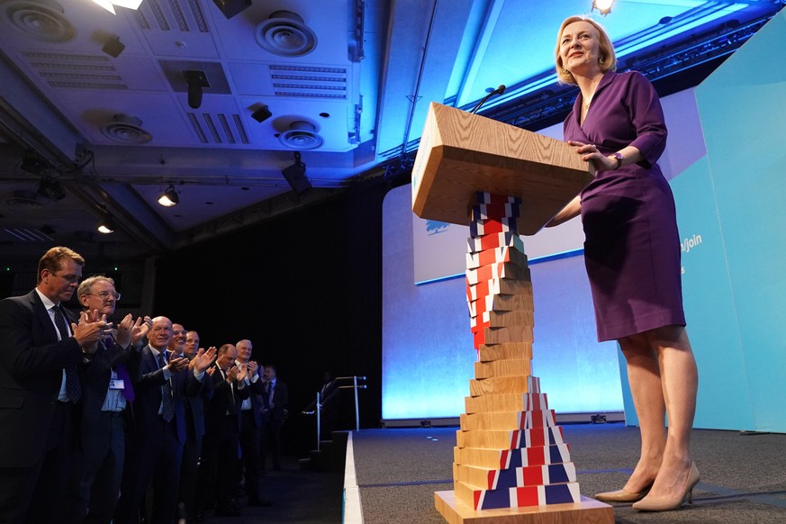 epa10254414 (FILE) - New leader of the Conservative Party Liz Truss after the announcement of her win at the Queen Elizabeth II Centre, London, 05 September 2022 (reissued 20 October 2022). Liz Truss  ...