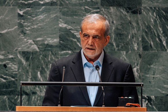 epa11623022 Iranian President Masoud Pezeshkian speaks during the General Debate of the 79th session of the United Nations General Assembly at United Nations Headquarters in New York, New York, USA, 2 ...