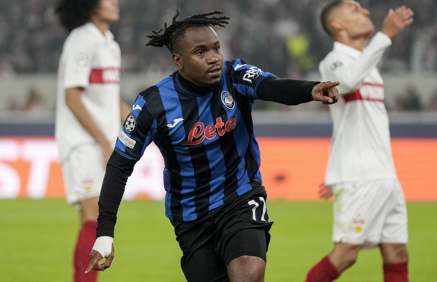 Atalanta&#039;s Ademola Lookman celebrates after scoring his side&#039;s opening goal during the Champions League opening phase soccer match between Stuttgart and Atalanta at the Stuttgart Arena in St ...