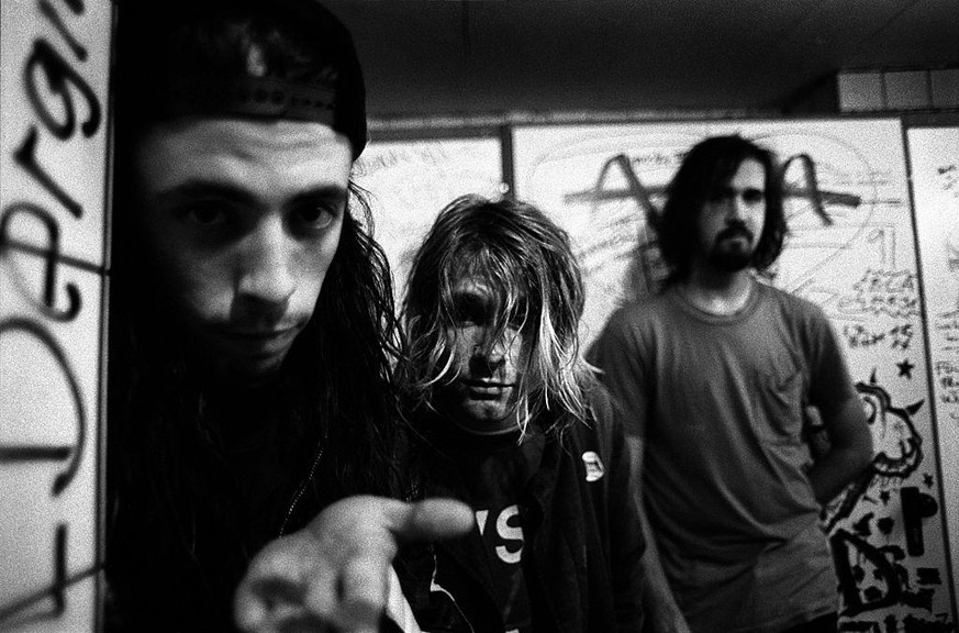 Nirvana in Frankfurt, November 1991. Von links nach rechts: Dave Grohl (Schlagzeug), Kurt Cobain (Sänger/Gitarrist) und Krist Novoselic (Bass).