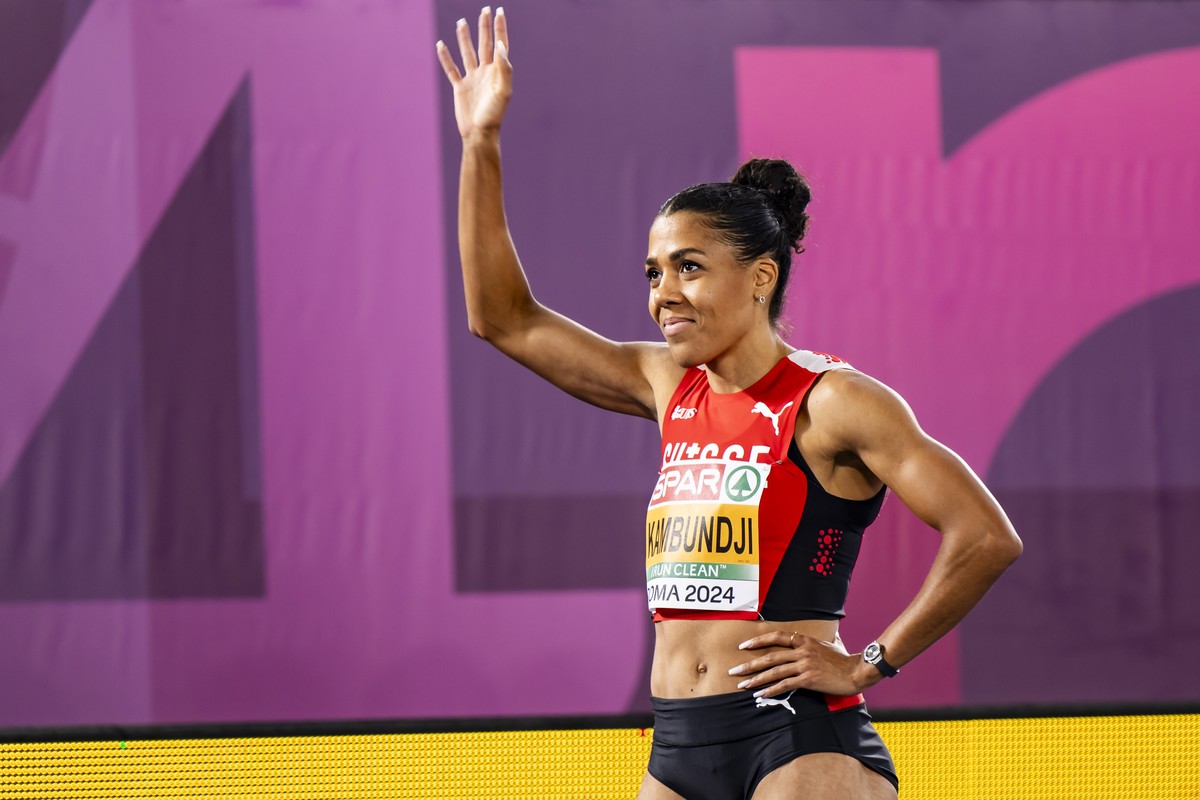 Mujinga Kambundji of Switzerland reacts during the women's 200 meters semi-final at the European Athletics Championships, in the Olympic stadium, in Rome, Italy, Monday, June 10, 2024. (KEYSTONE/ ...