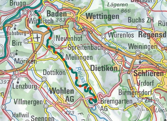 Hier unsere Route von Bremgarten nach Gebenstorf, dargestellt in roten Punkten. Länge: 25 Kilometer.