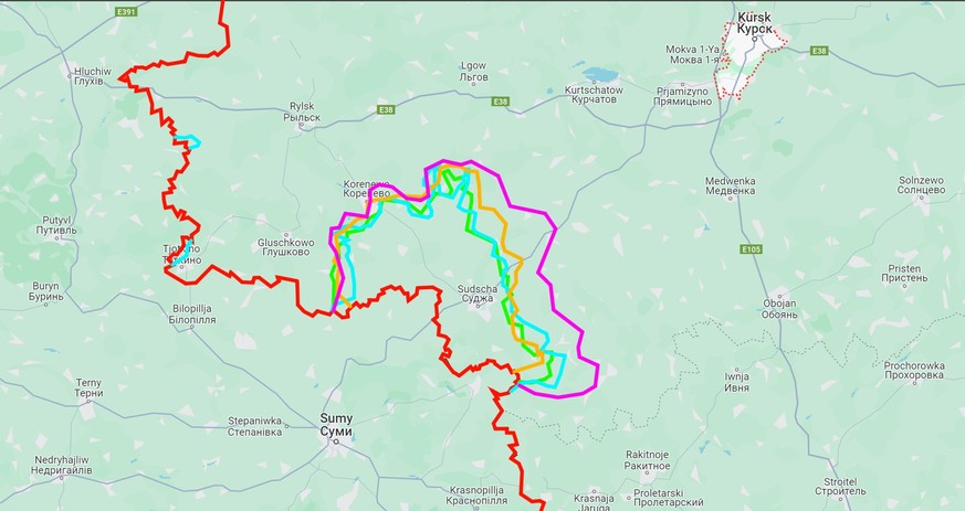 Die einst besetzten Gebiete der Ukraine in der Region Kursk. In der Phase ihrer grössten Ausdehnung (pink) umfassten die Territorien ca. 1000 Quadratkilometer.
