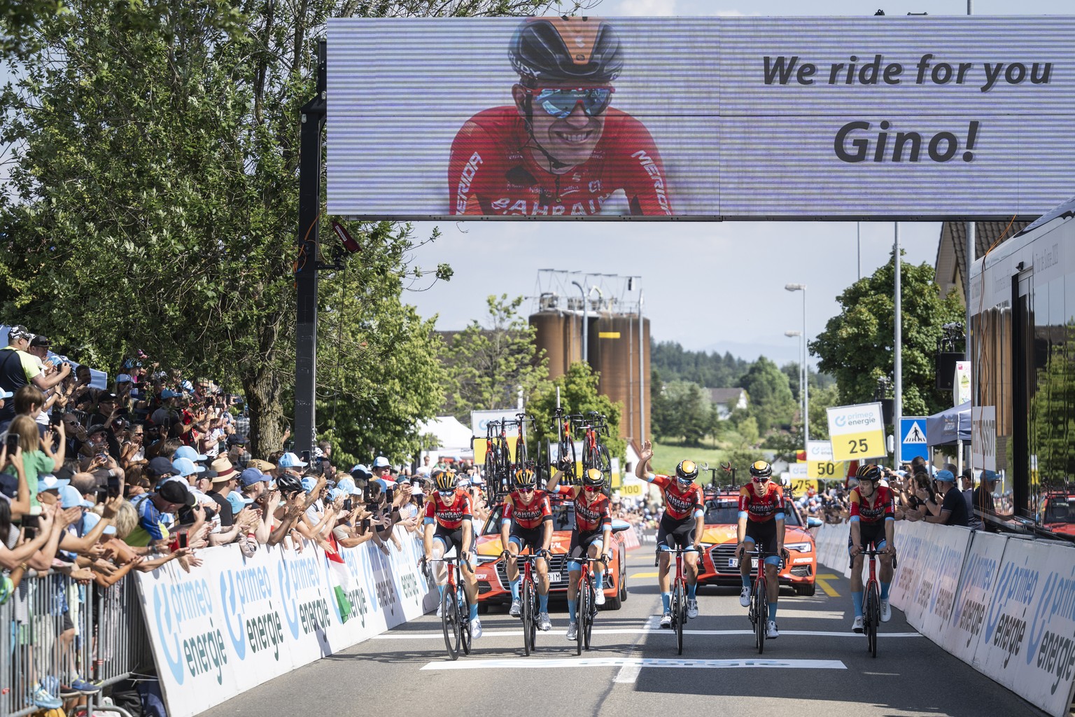 The riders of Bahrain-Victorious ride in honour of their deceased teammate Gino Maeder from Switzerland, at the conclusion of a 20 kilometres ride from Tuelersee to Oberwil-Lieli named &quot;Gino Memo ...