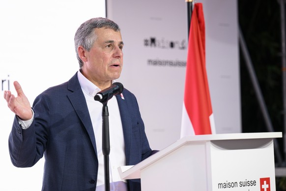 Swiss Federal Councillor Ignazio Cassis speaks in the maison suisse at the 2024 Paris Summer Olympics in Paris, France, Tuesday, July 30, 2024. (KEYSTONE/Laurent Gillieron)
