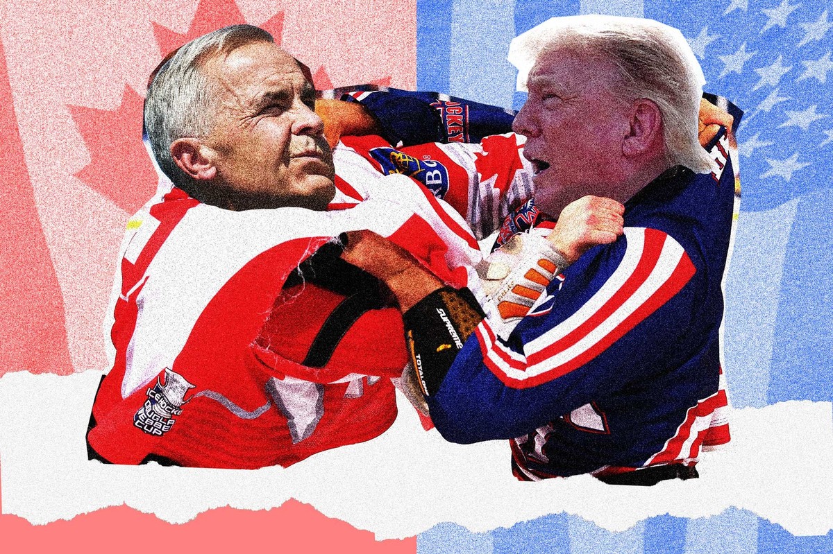 Auf dem Bild: Eine Kollage von US-Präsident Donald Trump und Kanadas Premierminister Mark Carney prügeln sich in Ice-Hockey Ausrüstungen