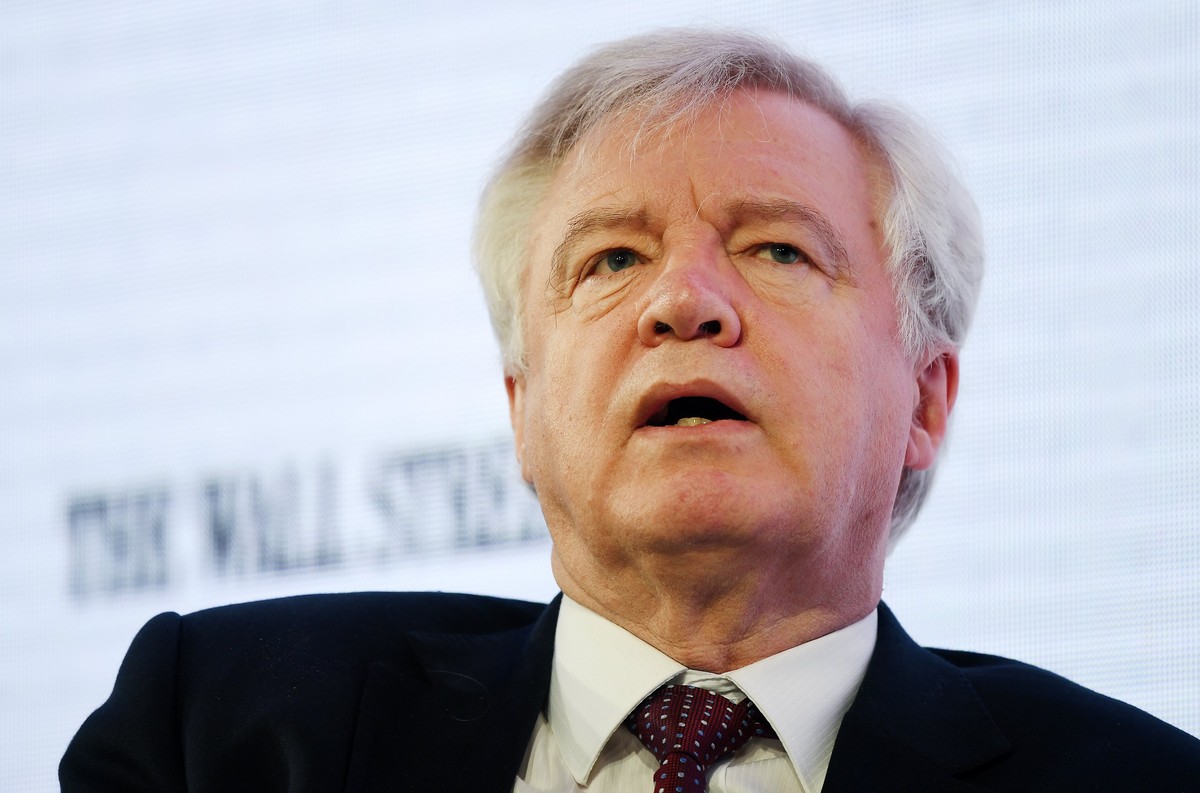 epa06663118 British Secretary of State for Exiting the European Union, David Davis speaks at the Wall Street Journal CEO Council in London, Britain, 12 April 2018. Davis spoke during a forum on ' ...