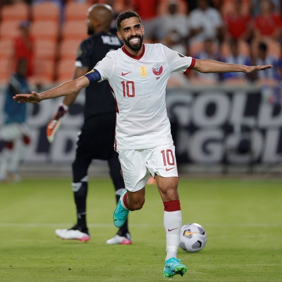 Hassan Al Haydos of Catar celebrates after scoring during the Gold Cup group phase soccer match between Qatar and Panama at BBVA stadium in Houston, USA, 13 July 2021. Catar vs- Panama ACHTUNG: NUR RE ...